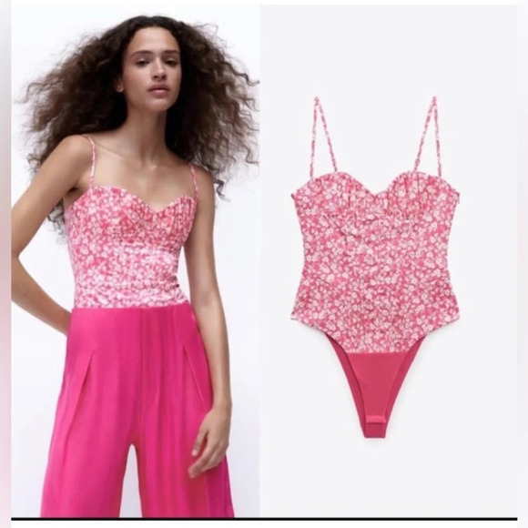 NWT Zara|| Pink Floral Corset Bodysuit, size medium adjustable straps,Sp… - Picture 3 of 14
